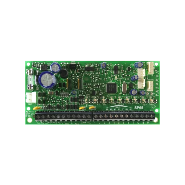 SP65 paradox burglar alarm with 9 zones on-board, expandable to 32 zones either wireless (using the RX1/RTX3), or hardwired (using the ZX8/ ZX82)